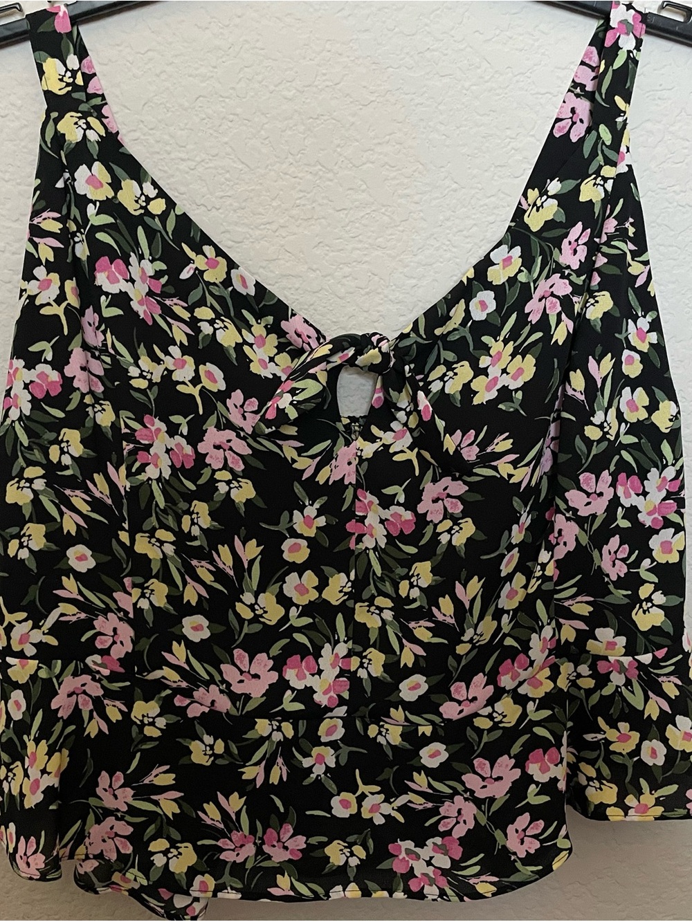 Black Floral Tie-Front Women's Camisole with Pink & Cream Flowers Medium